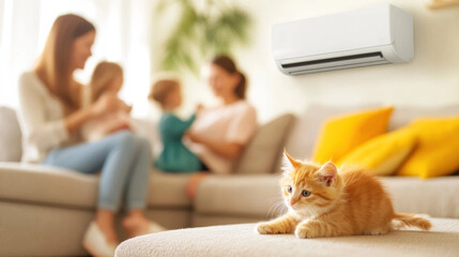 Elektro Wollmer GmbH - Innovative Klimatechnik - Zwei Frauen sitzen in einem klimatisierten Raum und eine Katze auf dem Sofa